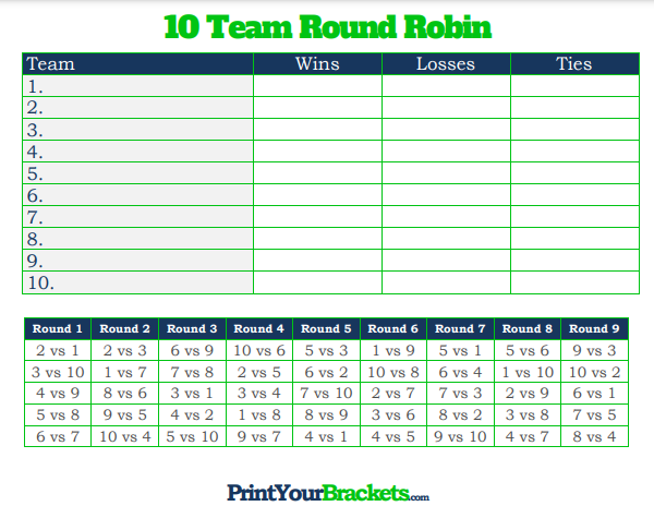 10 Player Round Robin Tournament Schedule with Column for Ties