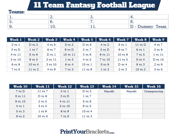 Printable 11 Team Fantasy Football League Schedule