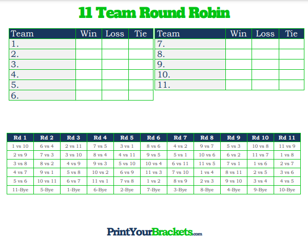11 Player Round Robin Tournament Schedule with Column for Ties