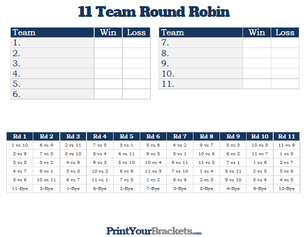 Printable 11 Team Round Robin Tournament Bracket