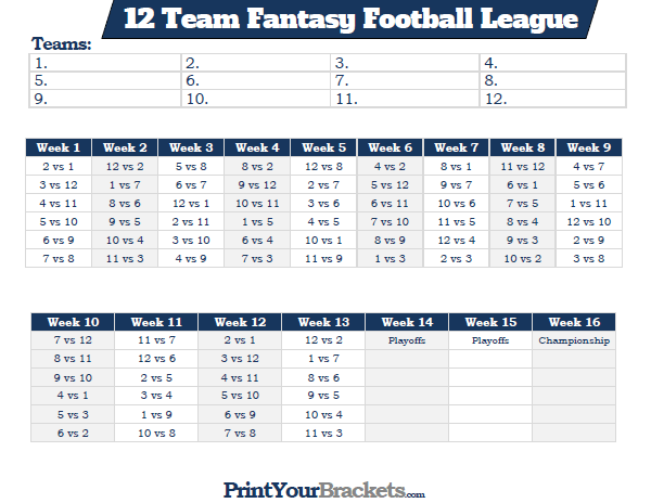 Printable 12 Team Fantasy Football League Schedule