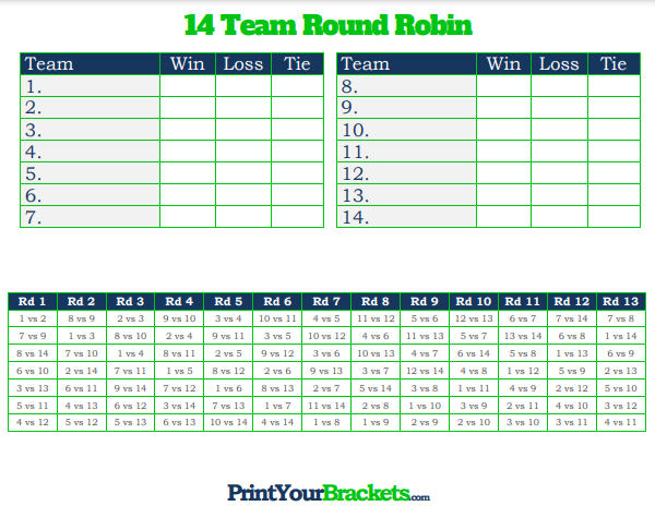 14 Player Round Robin Tournament Schedule with Column for Ties