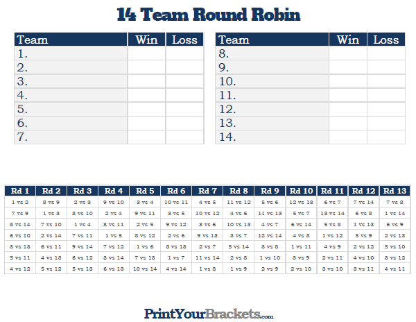 Printable 13 Team Round Robin Tournament Bracket