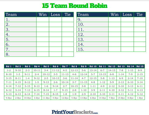 15 Player Round Robin Tournament Schedule with Column for Ties
