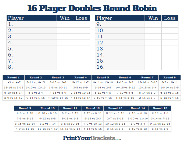 Printable 16 Player Doubles Round Robin Tournament Chart