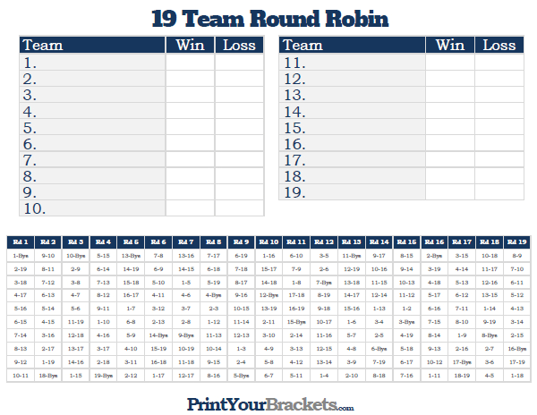 Printable 19 Team Round Robin Tournament