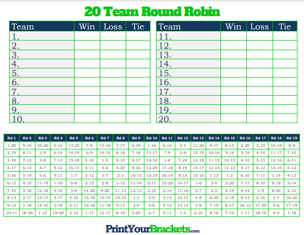 20 Player Round Robin Tournament Schedule with Column for Ties