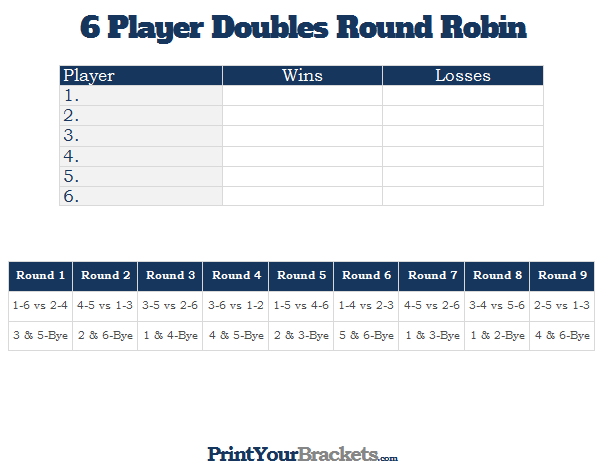 Printable 6 Player Doubles Round Robin Tournament Chart