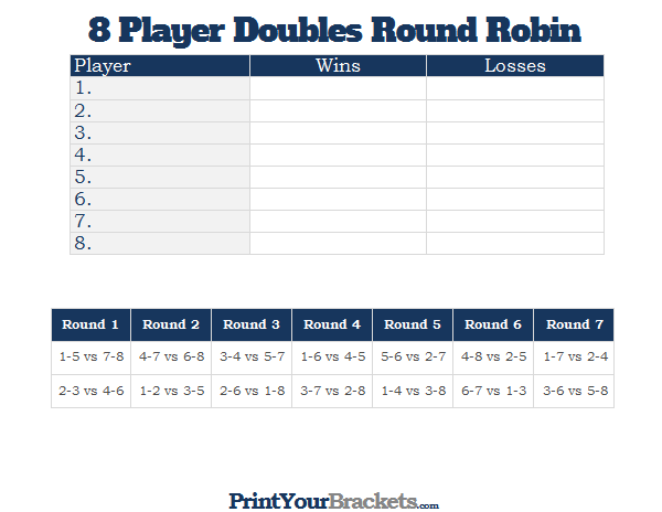 Printable 8 Player Doubles Round Robin Tournament Chart