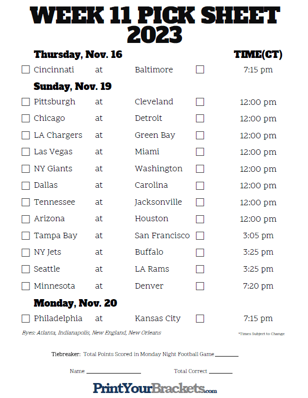 Week 11 NFL Schedule in Central Time Zone