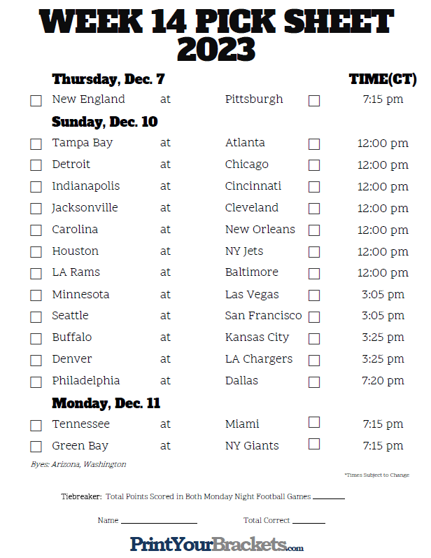 Week 14 NFL Schedule in Central Time Zone