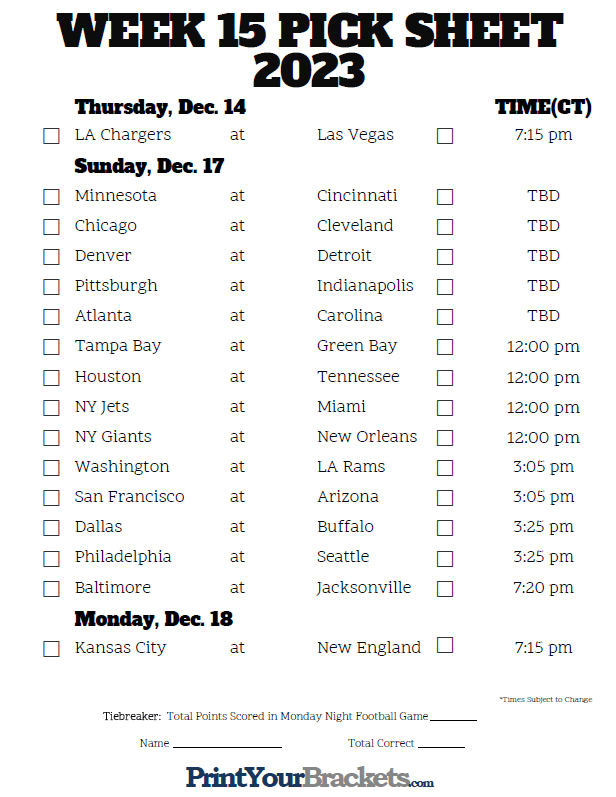 Week 15 NFL Schedule in Central Time Zone