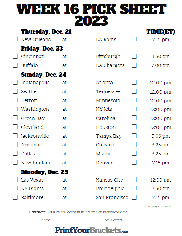 Central Time Week 16 NFL Schedule 2023 - Printable