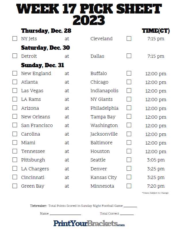 Week 17 NFL Schedule in Central Time Zone