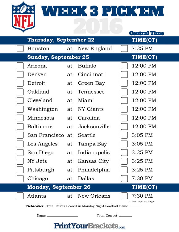 Central Time Week 3 NFL Schedule 2016 Printable