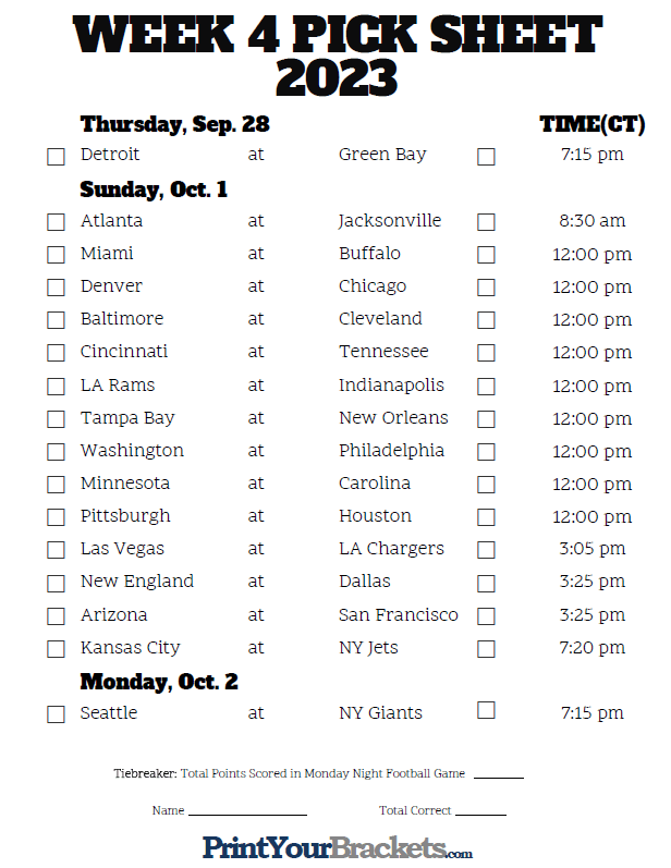 Central Time Week 4 NFL Schedule 2023 - Printable