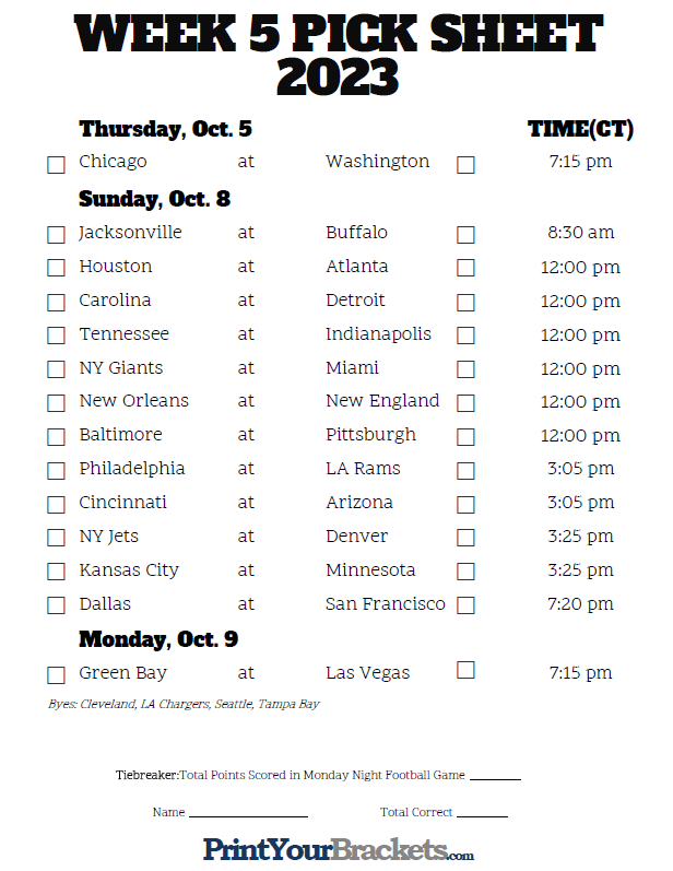 Week 5 NFL Schedule in Central Time Zone