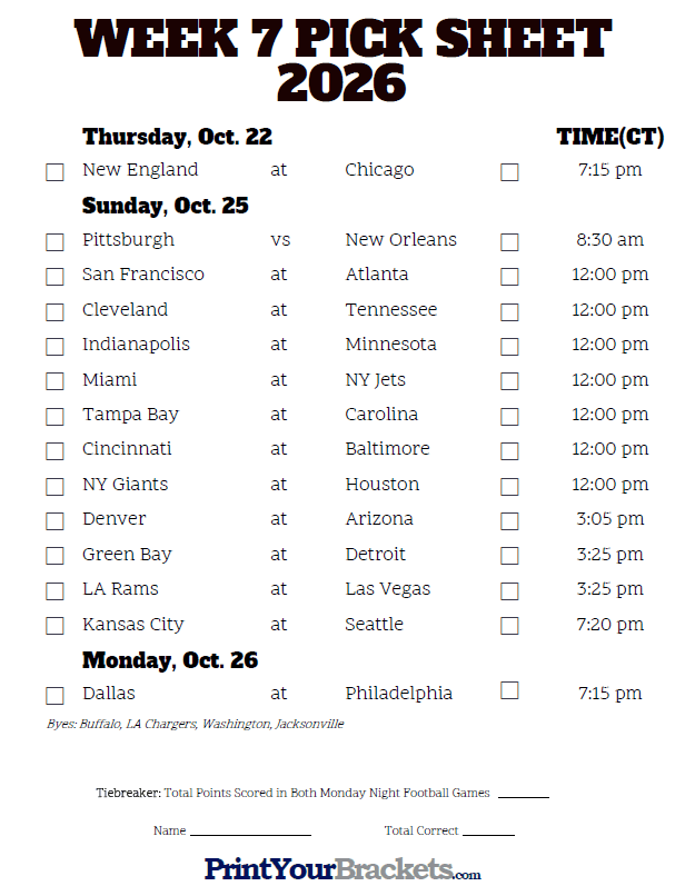 40 NFL WEEK 7 PRINTABLE SHEET Sheets