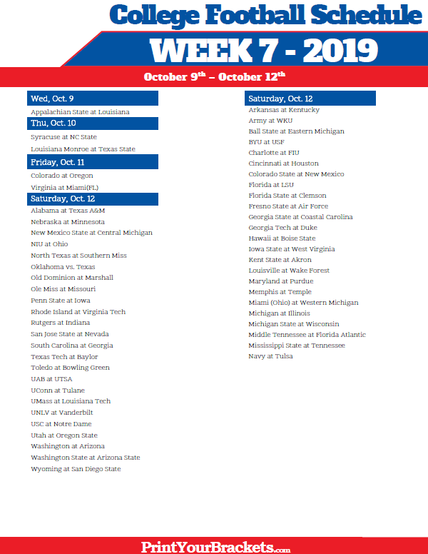 Printable Week 7 College Football Schedule