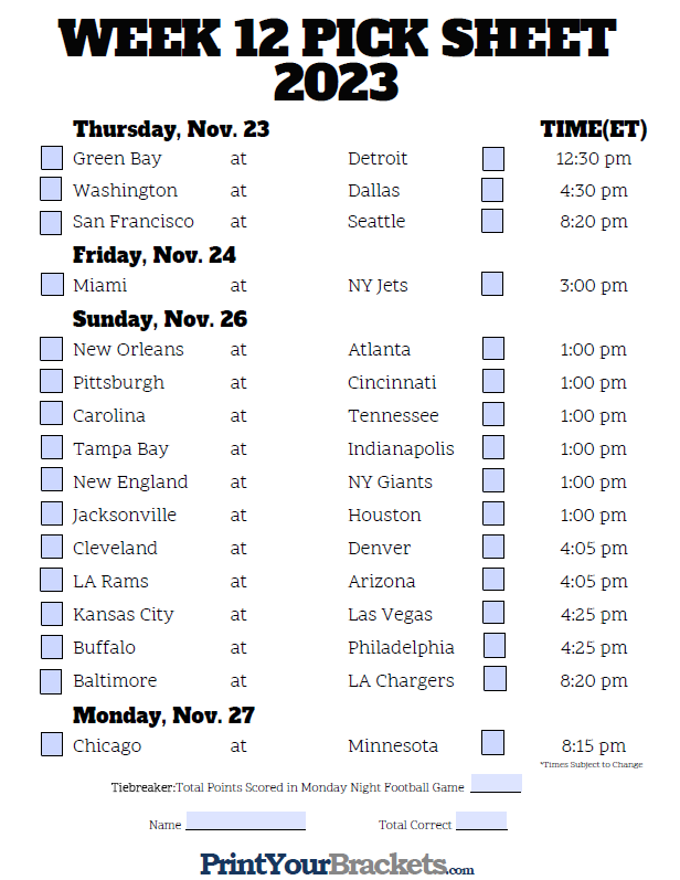 Nfl Weekly Pickem Sheets Printable Single Double All Basketball