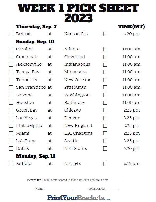 Week 1 NFL Schedule in Mountain Time Zone