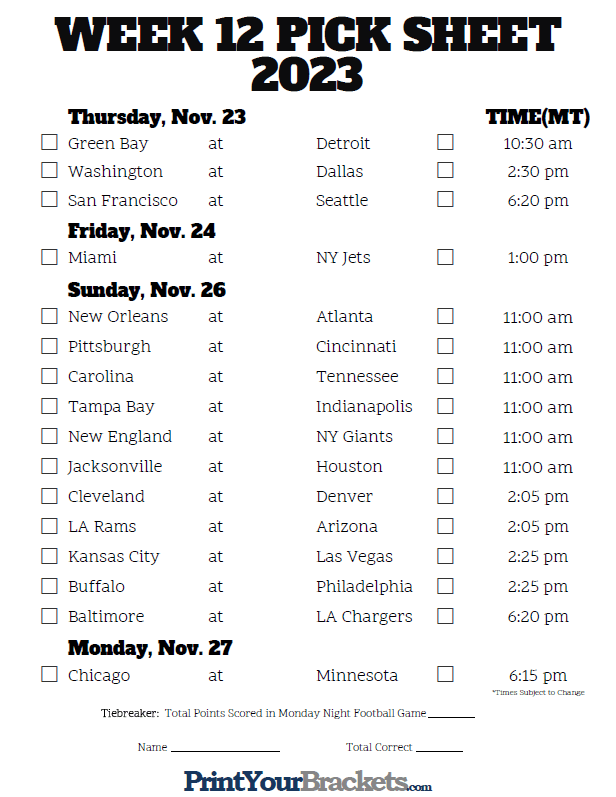 Week 12 NFL Schedule in Mountain Time Zone