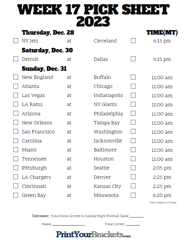 Week 17 NFL Schedule in Mountain Time Zone