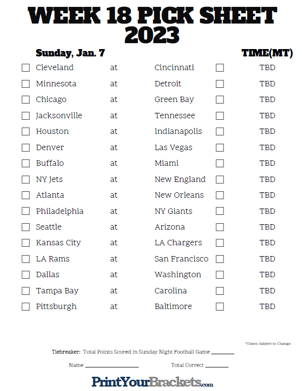 Mountain Time Week 18 NFL Schedule 2022 Printable