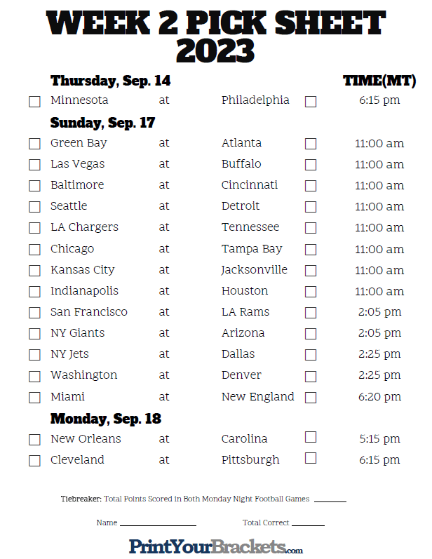 Mountain Time Week 2 NFL Schedule 2023 - Printable