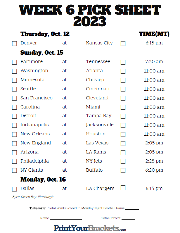 Week 6 NFL Schedule in Mountain Time Zone
