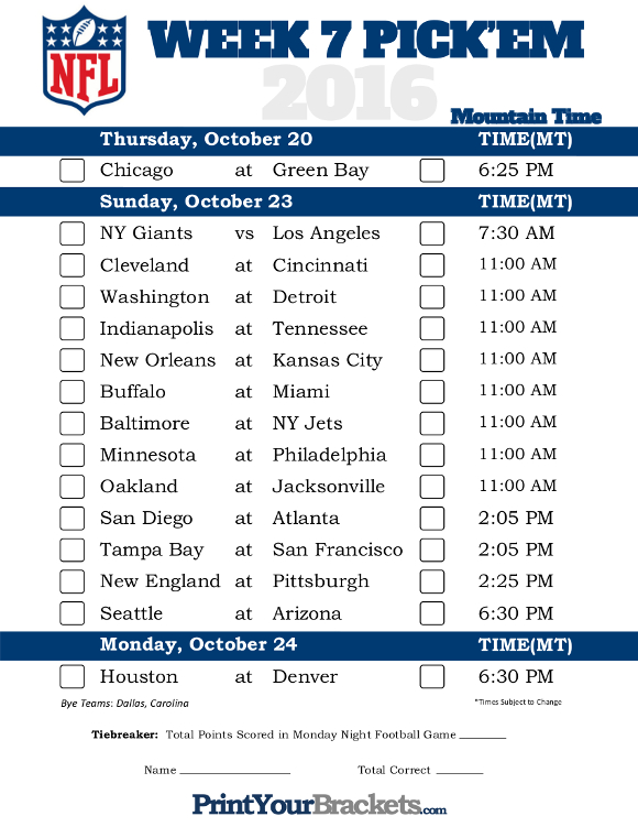 Mountain Time Week 7 NFL Schedule 2016 Printable