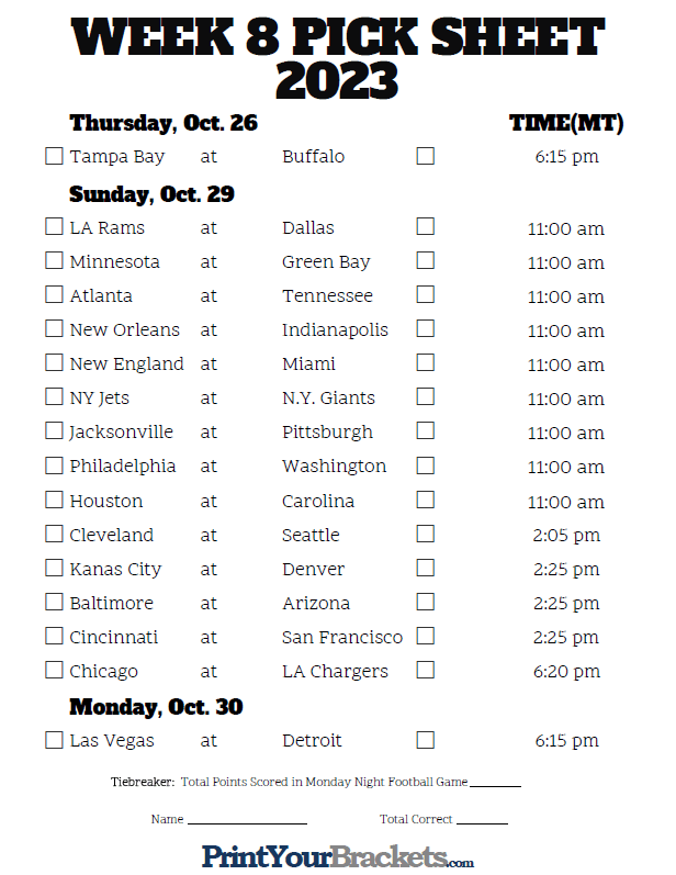 Week 8 NFL Schedule in Mountain Time Zone