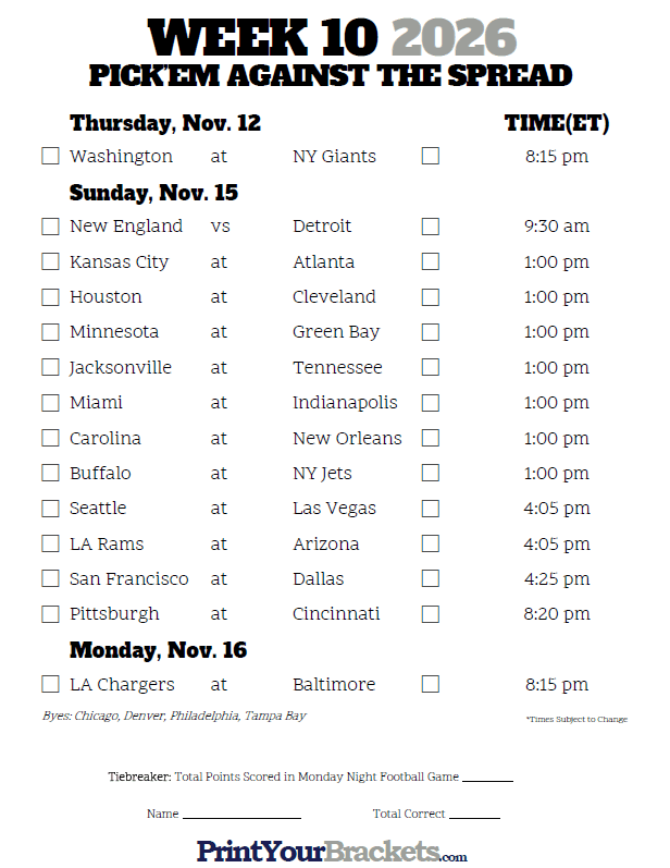 Nfl Week 1 Spreads Printable Calendar Of National Days