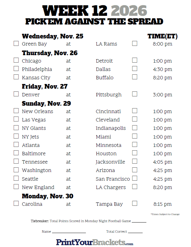Nfl Week 1 Spreads Printable Calendar Of National Days