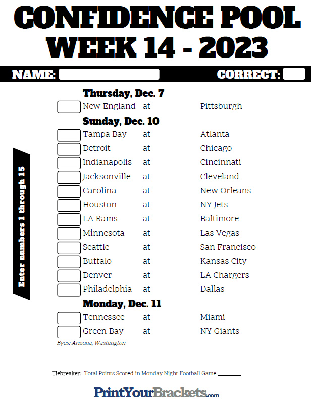 NFL Week 14 Confidence Pool Sheet 2023 - Printable