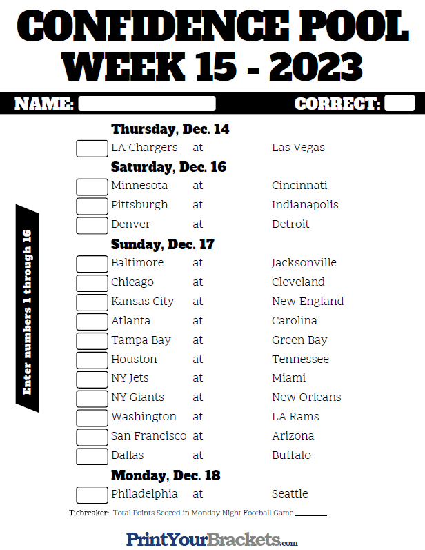 Printable NFL Week 15 Confidence Pool
