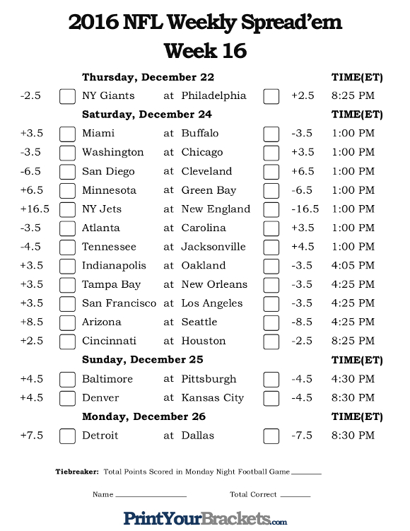 NFL Week 16 Pick 'em Against the Spread Sheets Printable