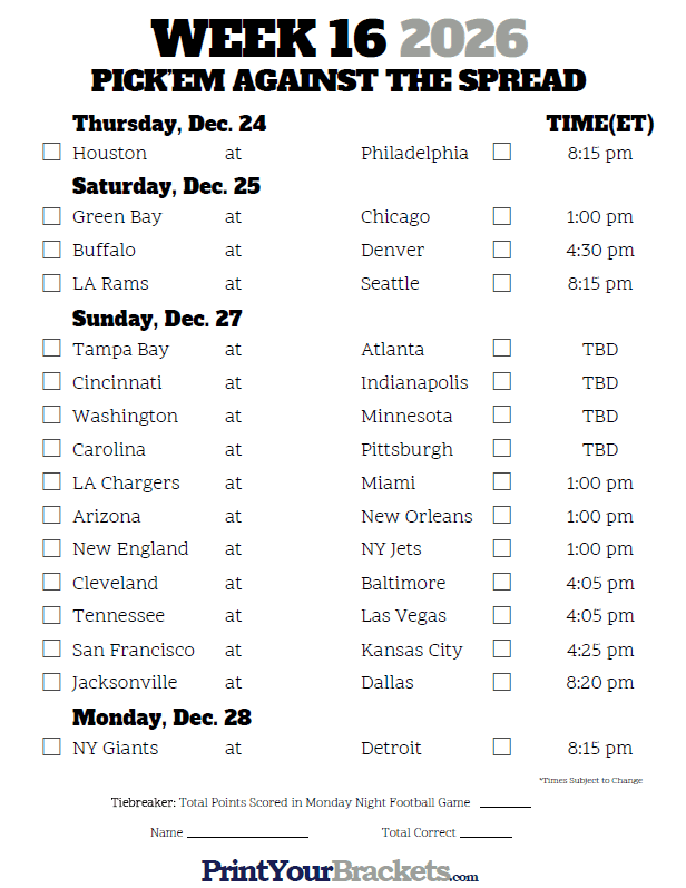 Printable Nfl Picks Printable World Holiday