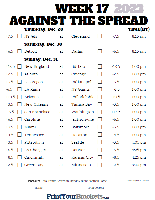 NFL Week 17 Pick'em Against the Spread Sheets - Printable