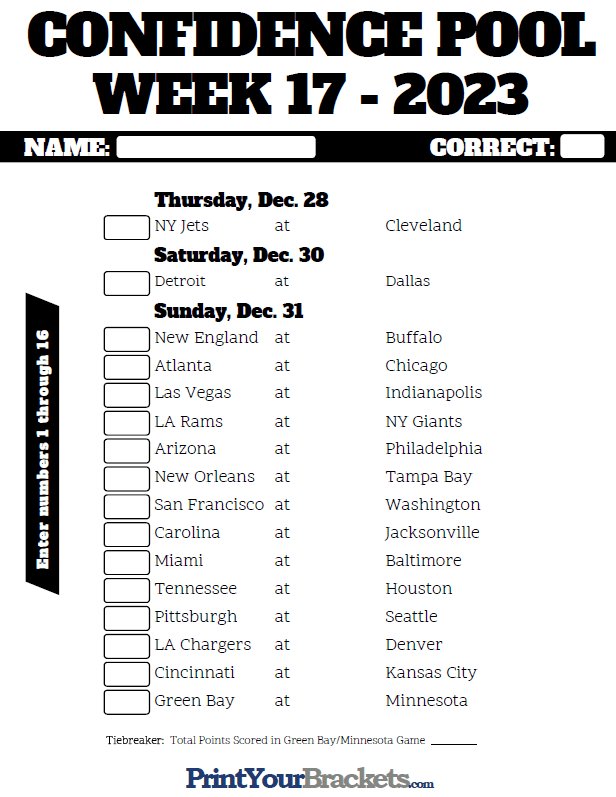 Printable Nfl Week 17 Schedule Pick Em Pool 2022 Gambaran