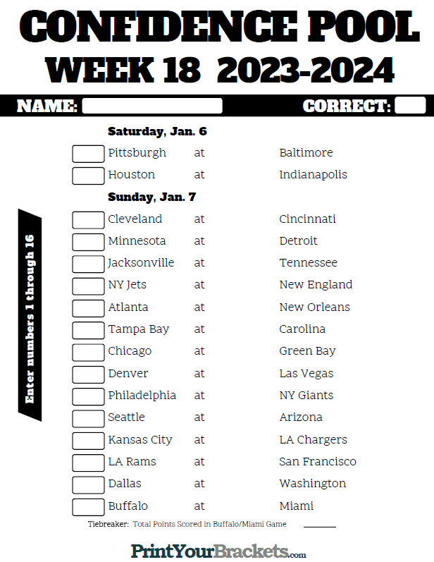 Printable NFL Week 18 Confidence Pool