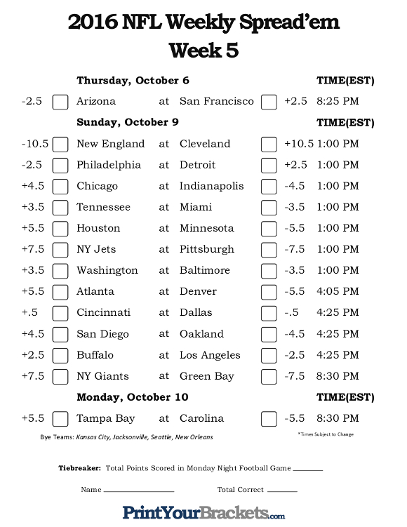 Nfl Week 2 Spreads Printable Printable World Holiday
