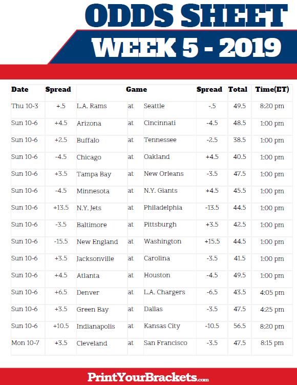Printable NFL Week 5 Lines And Odds Sheet
