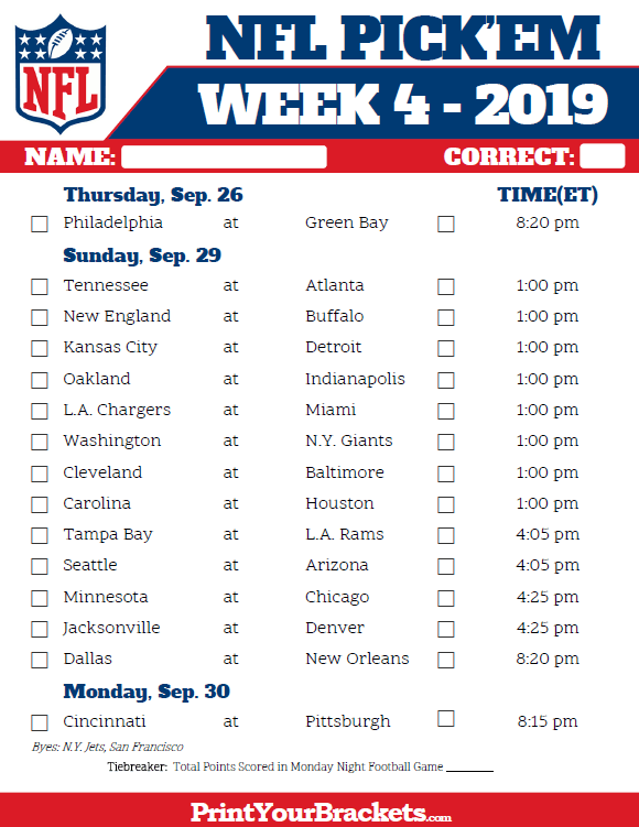 Printable NFL Week 5 Schedule Pick em Pool 2019