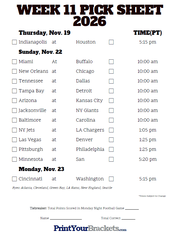 Printable Nfl Week 11 Schedule Customize And Print