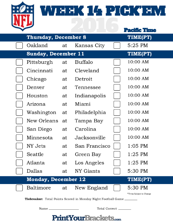 Pacific Time Week 14 NFL Schedule 2016 Printable