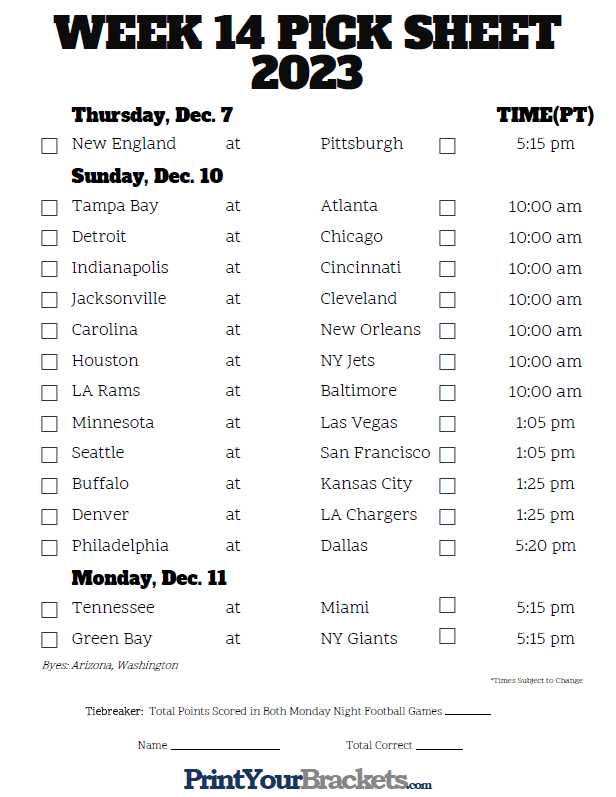 Week 14 NFL Schedule in Pacific Time Zone
