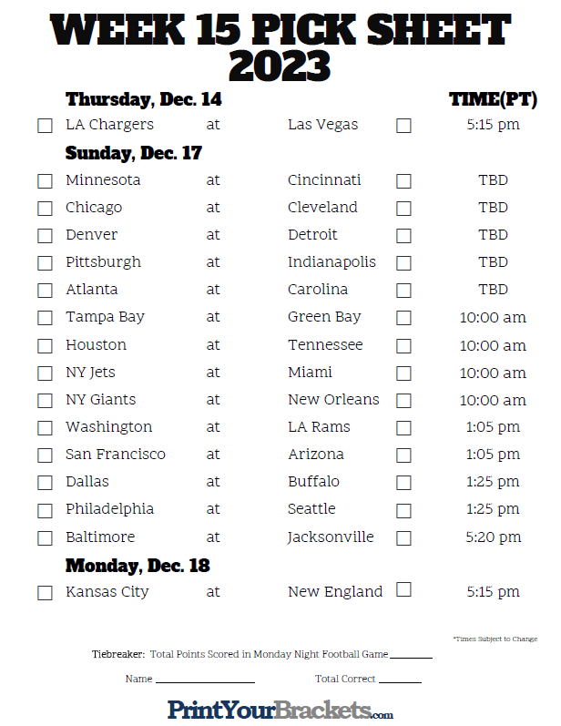 Week 15 NFL Schedule in Pacific Time Zone