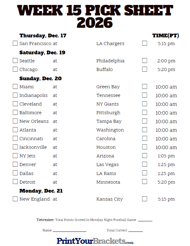 Fabulous Nfl Week 15 Printable Schedule Hudson Website
