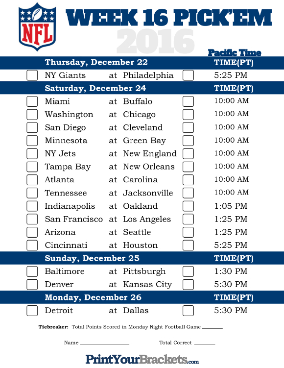 Pacific Time Week 16 NFL Schedule 2016 Printable